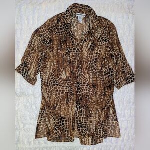 Dana Kay Sheer Animal Print Blouse | Size 16W | Button Front | Shoulder Pads